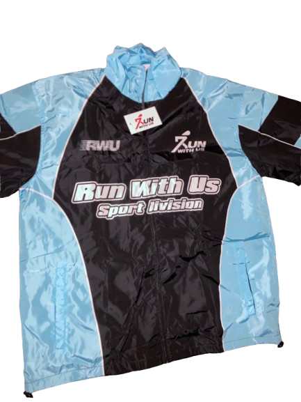 Run with us, windbreaker short set black and blue.