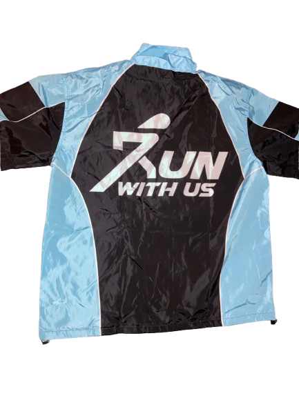 Run with us, windbreaker short set black and blue.