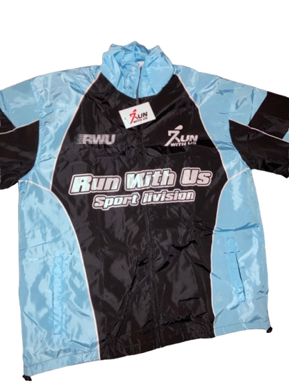 Run with us, windbreaker short set black and blue.